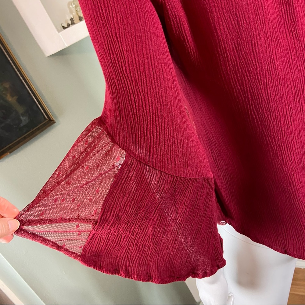 3/$12 Society Girl Burgundy Bell Sleeve Crinkle Sheer Mesh Panels Keyhole Medium - Picture 6 of 10